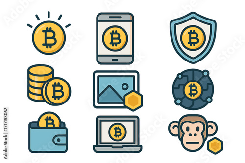 Modern cryptocurrency and NFT icon set, vector cartoon illustration, transparent background, digital currency symbols, bitcoin, blockchain wallet, tech security, digital art, crypto technology concept