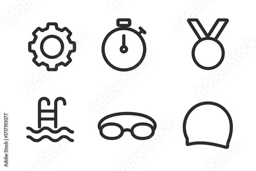 Swimming sport icon set for competition and training. Simple line art graphics includes pool, stopwatch, medal, goggles, cap and gear symbol. Vector equipment collection.