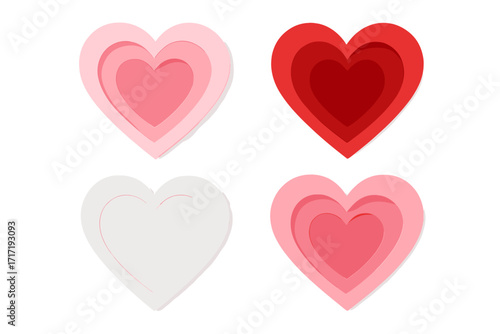 Rose pink red and white layered paper cut hearts set, gradient 3D paper origami design, isolated on white background, romantic love symbols for Valentine's Day and Mother's Day
