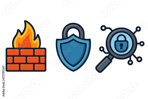 Cybersecurity icon set for web and apps. Firewall, shield protection, network security analysis concepts. Data privacy, digital safety, antivirus, threat detection, internet vector icons.