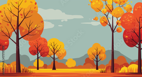 Autumn landscape with colorful trees and rolling hills under a blue sky