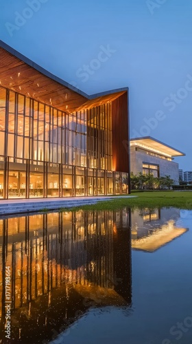 Modern architectural building with large glass facade reflecting in a calm water feature at dusk