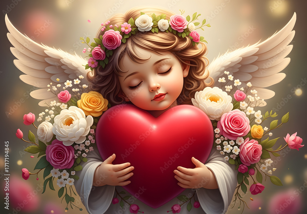 Fototapeta premium Little angel is holding a red heart. The heart is surrounded by flowers, and the angel is resting her head on it. Concept of love and tenderness