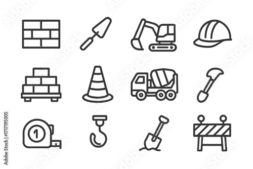 Construction line icon set with excavator, helmet, cement truck, brick wall. Vector symbols for building, industry, engineering projects. Editable stroke pictogram collection.