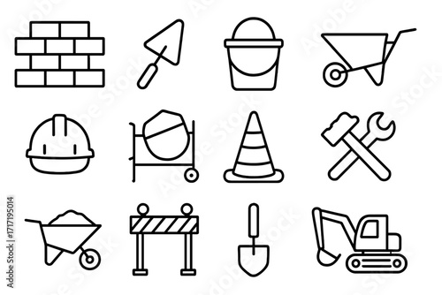 Construction work line icon collection. Building industry tools and heavy machinery. Outline vector symbols for web: excavator, helmet, brick wall, concrete mixer, trowel, shovel.