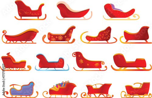 Christmas sleigh vector collection in red festive style with traditional holiday design elements for winter celebration