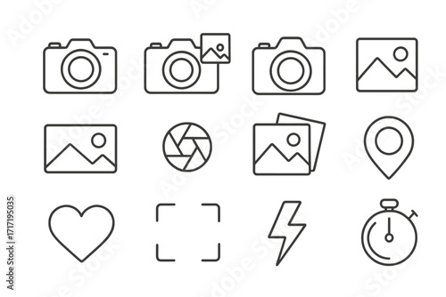 Photo & camera line icon set. Vector bundle of photography symbols for mobile app interface & web design. Editable stroke icons: picture, gallery, flash, timer, geotag, like.