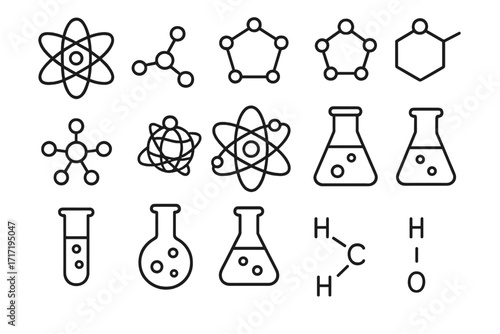 Chemistry science line icon set. Vector collection of atom, molecule, and lab equipment symbols. For education, research, and web design. Chemical formula and reaction concept.