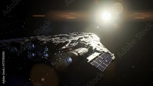 Wallpaper Mural Spaceship in deep space with engine thrusters, stars, solar panels, technology. Spaceship in the darkness of space and a bright sun glare. Torontodigital.ca