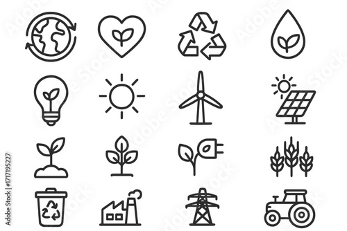 Ecology, green energy, and agriculture simple line icon collection. Concepts for sustainability, environment, renewable power, and recycling. Vector symbols for infographics.