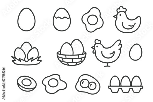 Egg and chicken line icon set. Farm poultry and breakfast food concept. Vector symbols of fried, boiled, cracked eggs, nest, basket, and carton. Editable stroke for web.