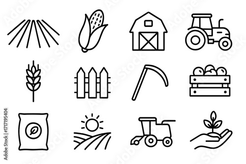 Farm and agriculture simple line icon set. Harvest, crop, and farming concepts. Includes tractor, barn, wheat, corn, and field symbols for organic food and cultivation.