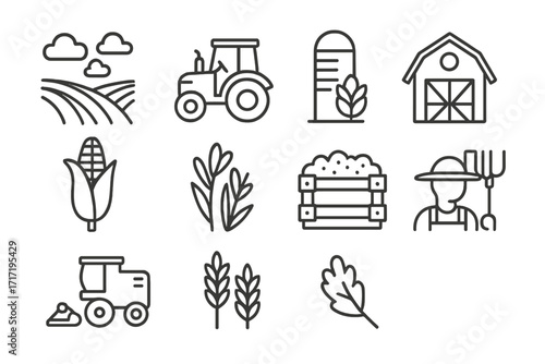 Farm and agriculture line icon set. Vector icons of tractor, barn, farmer, harvest, corn, wheat, field. Rural cultivation food production concept. Editable stroke for infographic.