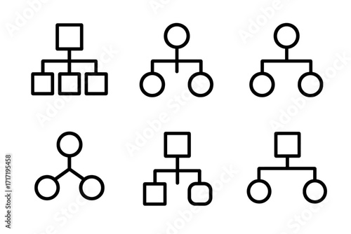 Hierarchy diagram and organization chart line icon set. Corporate structure, business management, and flowchart symbols. Minimalist vector infographic elements. Editable stroke.