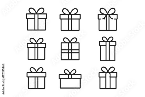 Gift box and present line icon collection. Simple isolated vector icons with editable stroke. Symbol for birthday, anniversary, Christmas or holiday celebration and surprise.