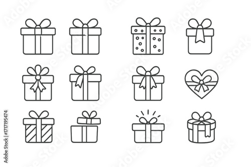 Gift box thin line icon set. Present and surprise package for birthday, christmas, holiday celebration. Vector icons with editable stroke for web, apps, and graphic design.