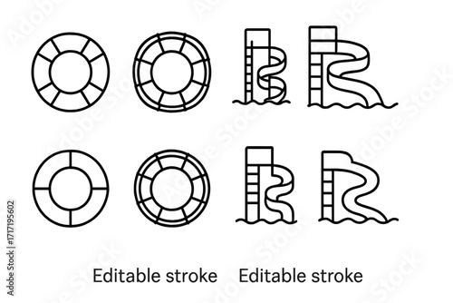 Water park and pool safety editable stroke line icon set. Vector symbols of lifeline, lifebuoy, and water slide. Summer vacation, recreation and aquapark graphic elements.