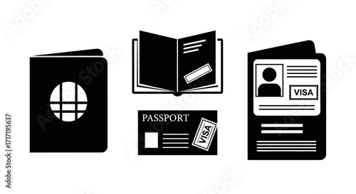 Minimalist Vector Icon Set of Passport and Visa Travel Documents