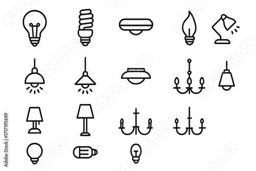 Light bulb, lamp, and chandelier icon set. Thin line icons for electricity, energy, and interior design. Vector collection of editable stroke pictograms for lighting fixtures.