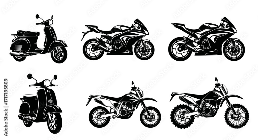 Obraz premium Motorcycle Vector Icon Set with Scooter Sport Bike and Dirt Bike Silhouettes