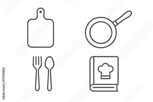 Kitchen and cooking line icon set. Vector symbols for culinary design. Includes cutting board, frying pan, cutlery, recipe book. Perfect for restaurant menu, app, and web.