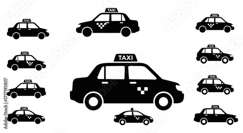 Icon Set Vector Collection of Minimalist Black Taxi Cab Silhouette Transportation Symbols