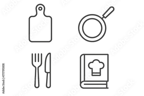 Kitchen and cooking line icon set. Food preparation and culinary concept. Vector icons of cutting board, frying pan, cutlery, and cookbook for restaurant menu or website design.