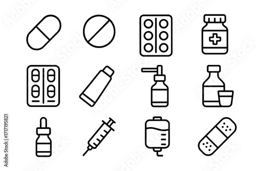 Medical line icon set. Medicine, treatment symbols. Healthcare collection. Pharmacy, drugstore elements. Pill, tablet, capsule, syringe, IV drip, bandage, plaster, syrup, spray icons.