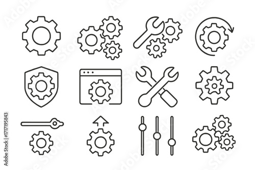 Mechanism and settings vector icon bundle, editable stroke line art collection of gear, wrench, tools, controls for website, app design, UI interface, tech and mechanical concept