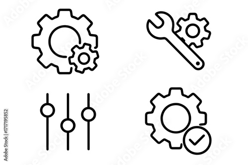 Mechanism and settings outline icons set, vector gears, wrench, sliders, checkmark, technical tools, adjustment symbols, digital interface controls, app design elements