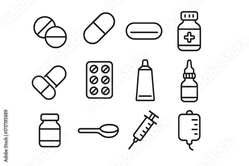 Medical and pharmaceutical icon bundle with pills, capsules, tablets, medicine bottles, syringes, and treatment supplies. Vector line art set for healthcare, apps, websites, posters, and cards designs