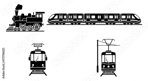 Minimalist Train and Tram Vector Icon Set with Locomotive and Subway Silhouettes