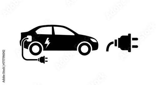 Minimalist Electric Car Vector Icon with Charging Plug and Lightning Symbol