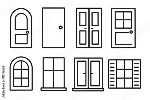Minimalistic linear exterior illustrations with door and window icons, versatile vector cartoon for card, post, app, and website design, modern architectural elements