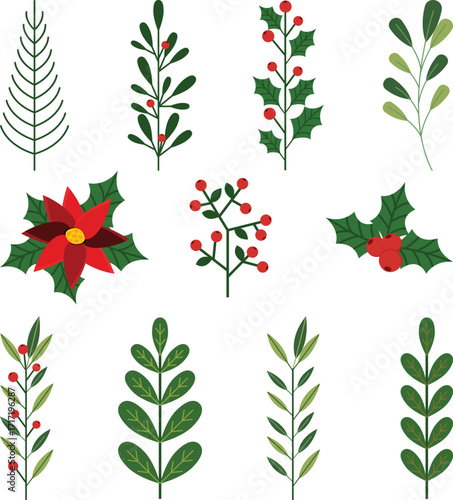Seamless Christmas foliage pattern with holly leaves, berries, mistletoe and poinsettia flowers on white background
