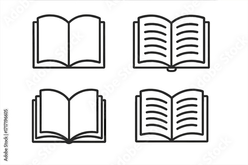 Opened book icons set, editable stroke line art, web and app design, reading, literature, education symbols, minimal vector illustration, pages and text elements, versatile book graphics
