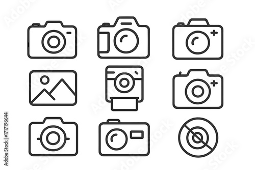 Pack of photo related line icons with editable stroke for design, websites, apps, and cards, featuring linear camera images, vector cartoon illustration, transparent background