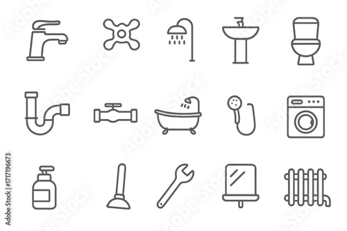 Plumbing and Bathroom Icon Set. Editable Thin Stroke Vector Illustrations of Faucet, Shower, Sink, Toilet, Bathtub, Washing Machine, Tools, and Accessories. Web, App, Book Design.