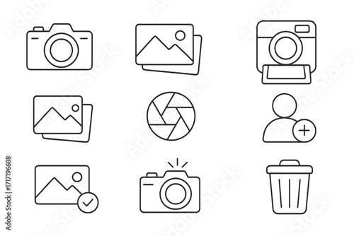 Photo thin line icon set, editable stroke icons for photography, camera, images, gallery, user add, delete, and snapshot, vector cartoon illustration for banners, cards, social networks, apps