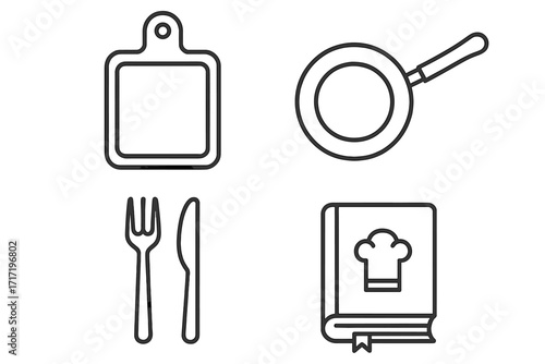 Simple linear kitchen and cooking illustration with cutting board, frying pan, cutlery, and cookbook icons for design, cards, apps, and posts concept