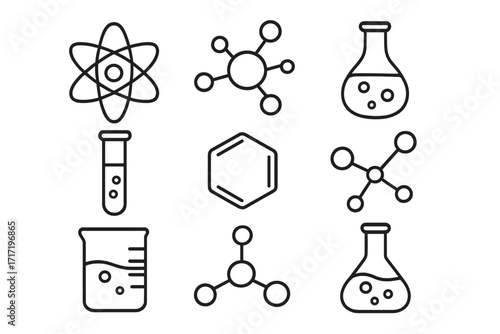 Chemistry line icon collection. Science and education symbols. Laboratory equipment for experiment. Atom, molecule, flask, beaker, test tube, benzene ring vector icons set.