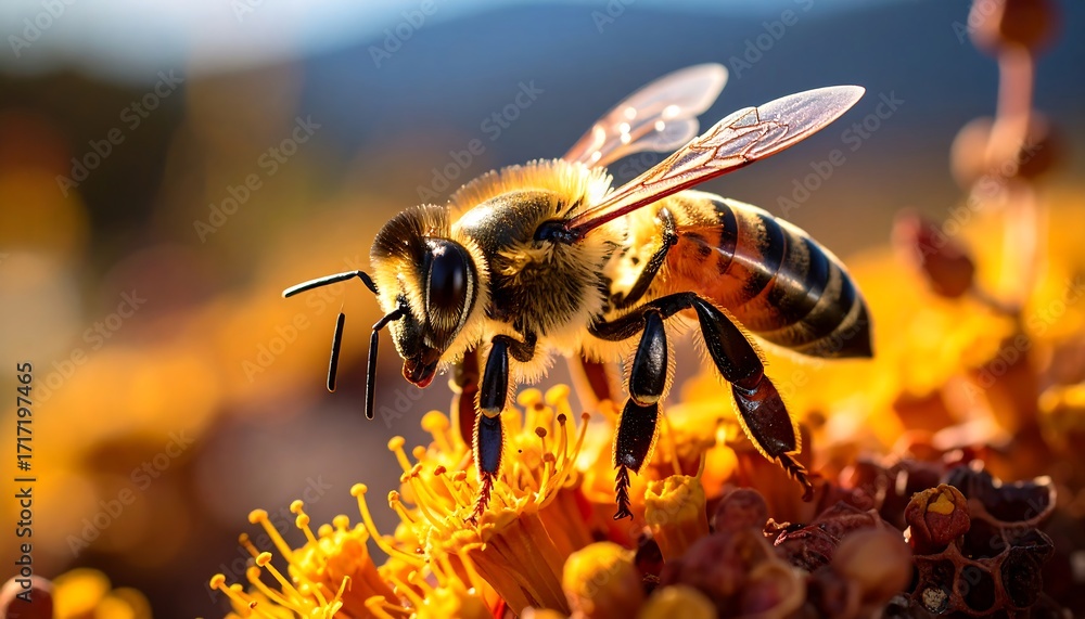 Fototapeta premium Honeybee on a flower in sunlight