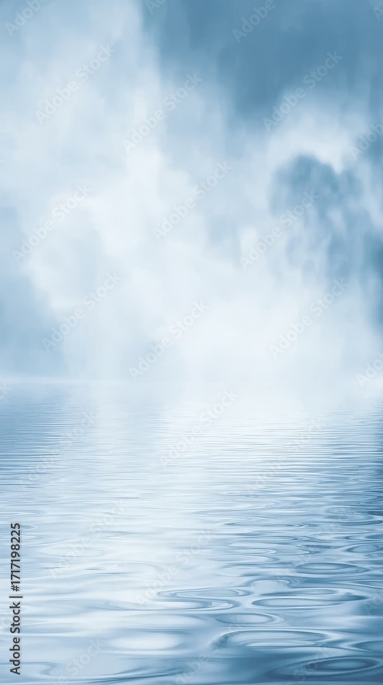 Fototapeta premium Misty water surface with soft ripples and fog rising over a calm lake under a cloudy sky