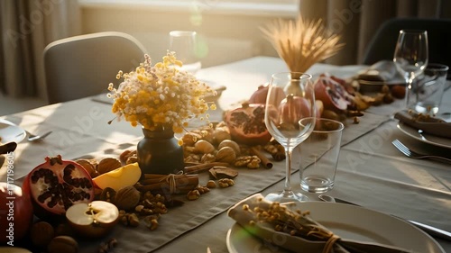 Festive autumn table setting,pomegranates and apples, wine glasses, Fall feast celebration, Thanksgiving dinner, holiday gathering. Decor, food, family, tradition, event.  