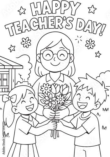 Teacher's Day Greeting: A touching illustrated scene of children joyfully gifting a bouquet of flowers to their teacher, capturing the essence of appreciation and gratitude on Teacher's Day.