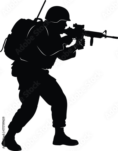 Silhouette soldier aiming rifle silhouette military action pose with backpack tactical gear vector