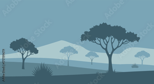 Silhouetted trees against rolling hills in a muted blue landscape