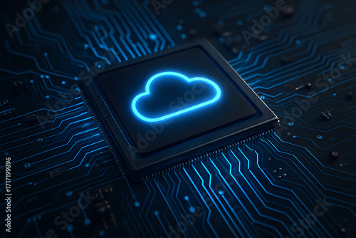 A glowing blue cloud icon on a computer microprocessor chip, symbolizing cloud computing and data storage technology.