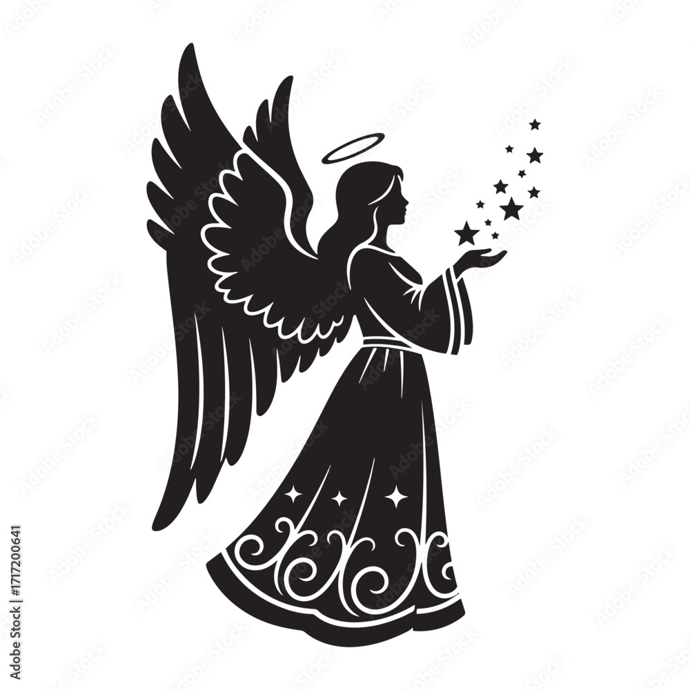Fototapeta premium Black and white silhouette of an angel with wings and halo releasing stars Keywords: angel, silhouette, wings, halo, stars, celestial, Christmas Day
