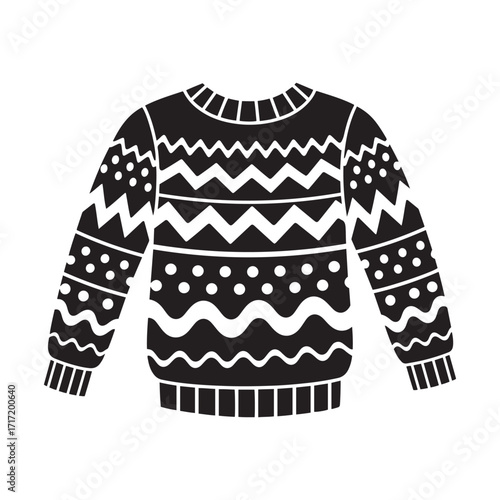 Black and white silhouette of a patterned sweater with geometric designs Keywords: sweater, jumper, knitwear, winter clothing, long Christmas Day